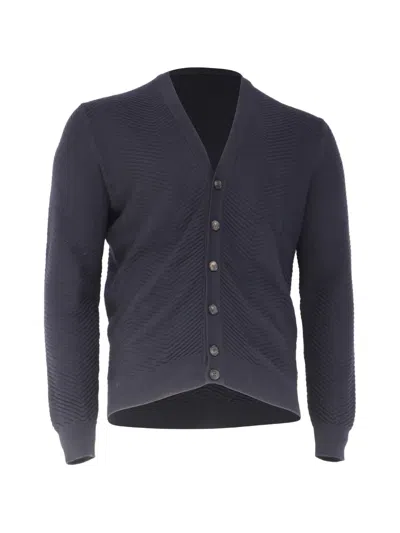 Pre-owned Ermenegildo Zegna Vintage Chevron-knit Buttoned Cardigan In Blue