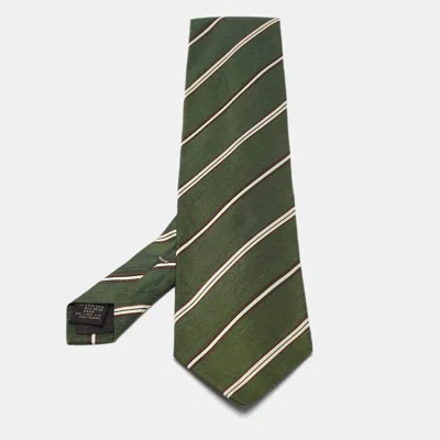 Pre-owned Ermenegildo Zegna Vintage Green Stripe Linen Silk Traditional Tie