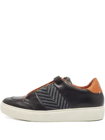 Pre-owned Ermenegildo Zegna Vintage Woven-panel Leather Sneakers In Black