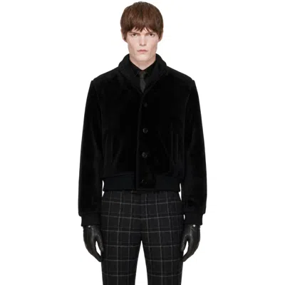 Ernest W Baker Black Shawl Collar Shearling Bomber Jacket In Black Shearling