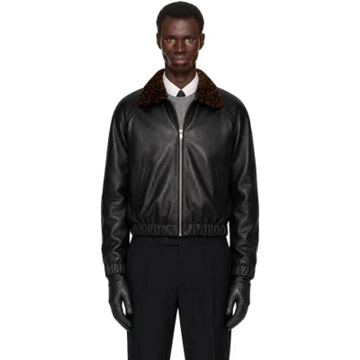 Ernest W Baker Ssense Exclusive Black Leather Harrington Jacket In Black Leather W/ Che