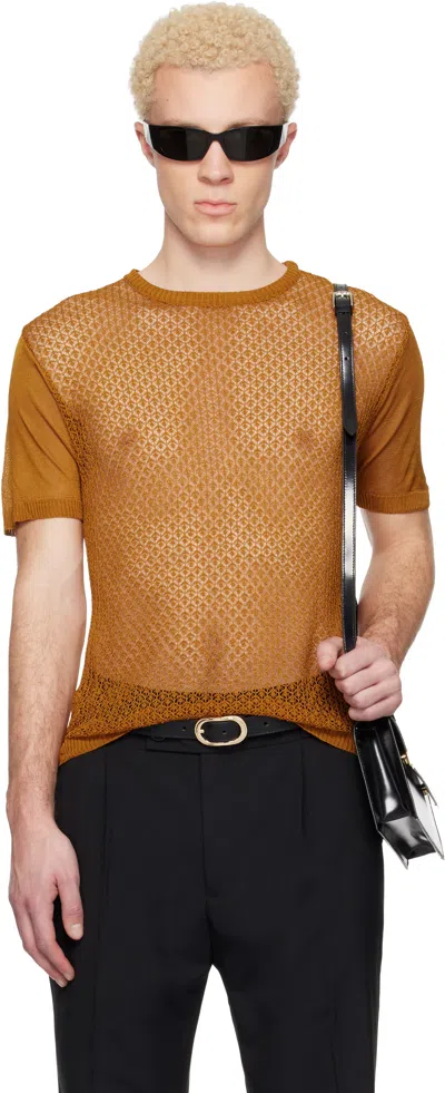 Ernest W Baker Tan Open Knit Viscose T-shirt In Brown