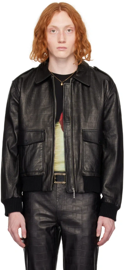 Ernest W. Baker Black Croc-embossed Leather Jacket In Black Crocodile