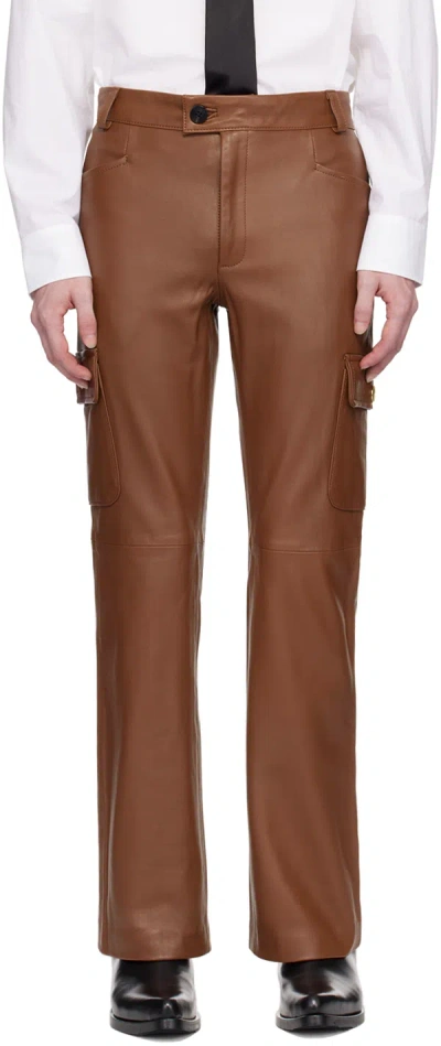 Ernest W. Baker Brown Flared Leather Cargo Pants In Brown Leather