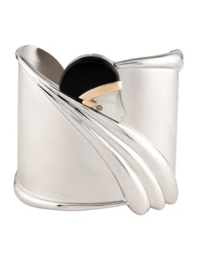 Pre-owned Erte Vintage Mother Of Pearl , Onyx & Diamond Tempest Cuff Bracelet, 6.75" In Multicolor