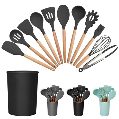 Eruule 11pcs Silicone Cooking Utensil Set Heat Resist Wooden Handle Silicone Spatula Turner Ladle Spaghetti
