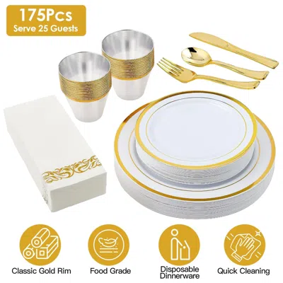 Eruule 175pcs Disposable Gold Rim Dinnerware Set For 25 Guests - Premium Plastic Plates Cups Cutlery Napkin