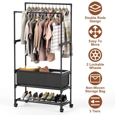 Eruule 1pc Double Rods Garment Rack With Storage Bag Portable Clothing Rack With Shelves Lockable Wheels Sm In Black