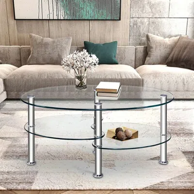 Eruule 1pc Tempered Glass Double Layer Oval Side Coffee Table Sturdy And Durable Living Room Table