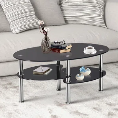 Eruule 1pc Tempered Glass Double Layer Oval Side Coffee Table Sturdy And Durable Living Room Table
