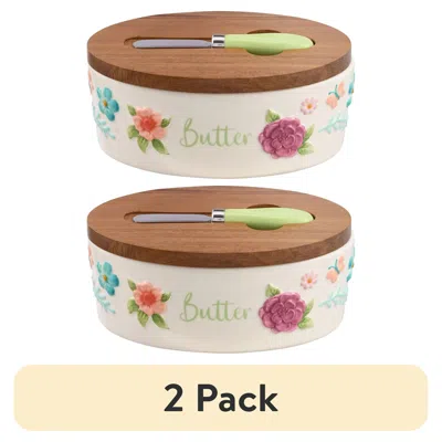 Eruule (2 Pack) Painted Meadow Butter Dish With Acacia Wood Lid And Serving Knife In White