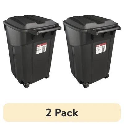 Eruule (2 Pack)45 Gallon Wheeled Heavy Duty Plastic Garbage Can, Attached Lid, Black