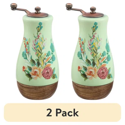 Eruule (2 Pack)painted Meadow Ceramic Pepper Mill With Metal Grinder And Acacia Wood Base