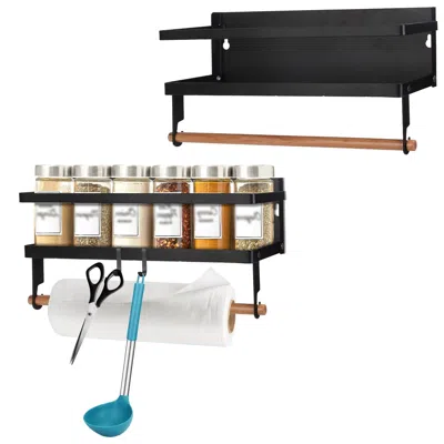 Eruule 2pcs Magnetic Spice Racks For Refrigerator With Paper Towel Holder Hooks Kitchen Space-saving Foldab In Black