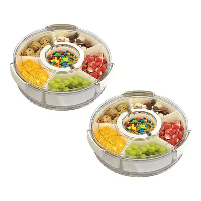 Eruule 2pcs Small Size Divided Serving Tray With Lid And Handle 360° Rotatable Snack Box Container With 6 D In White