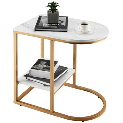 Eruule 2-tier C-shaped Side Table With Faux Marble Tabletop And Golden Steel Frame
