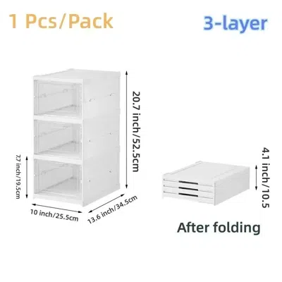 Eruule 3-layer Foldable Transparent Shoe Storage Organizer - Stackable Dustproof High-top Cabinet Rack In White
