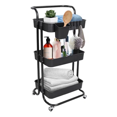 Eruule 3 Tier Rolling Utility Cart Movable Storage Organizer With Mesh Baskets Lockable Wheels 360 Degree R In Black