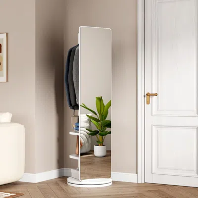 Eruule 360° Rotating 69"x16" Multifunctional Full Length Mirror With Hook Storage Rack Coat Rack With Mirro In White