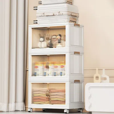 Eruule 3pcs Foldable Storage Bins With Lid Front Magnetic Door Collapsible Stackable Closet Organizer Conta In White