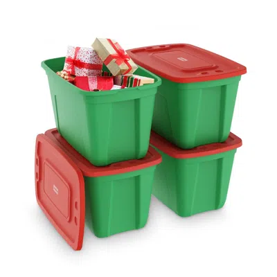 Eruule 4 Pack 18 Gallon Christmas Storage Bins With Lids, Stackable Totes, Plastic Storage Containers, Gara In Green