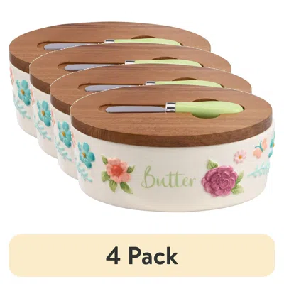 Eruule (4 Pack) Painted Meadow Butter Dish With Acacia Wood Lid And Serving Knife In Brown