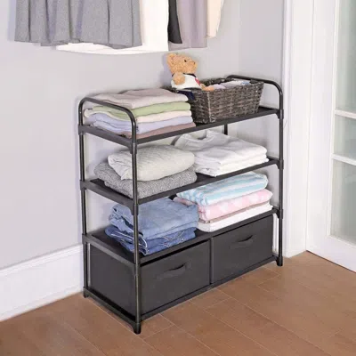 Eruule 4 Shelf Closet Organizer With 2 Bins, Black, Metal Frame, Adult And Child In Gray