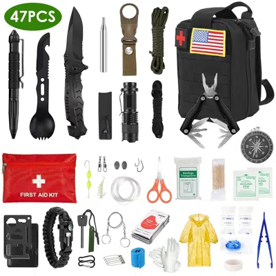 Eruule 47pcs Emergency Survival Kit Survival Edc Gear Equipment Tool First Aid Supplies Kit Tools With Pouc In Black