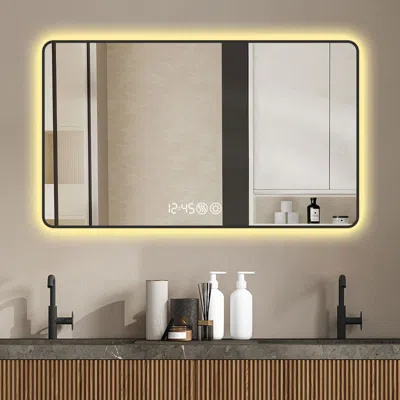 Eruule 48x32 Black Frame Wall Mirror With Rounded Corners Vanity Mirror, Temperature Display, Tri Color Lig In White