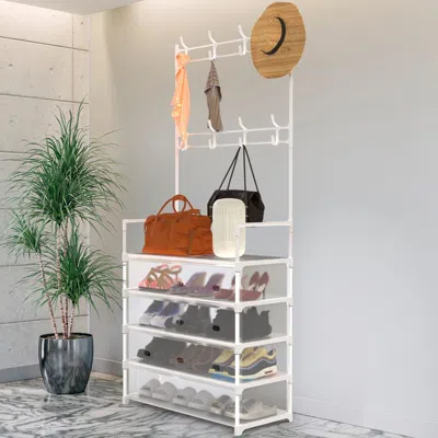 Eruule 5-tier Dustproof Entryway Hall Tree Coat Rack Shoe Rack With 8 Removable Hooks Freestanding Shoe Sto In White
