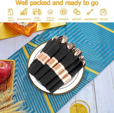 Eruule 50 Pack Pre Rolled Rose Gold Plastic Silverware Set,wrapped Plastic Cutlery Set With Napkin Include 