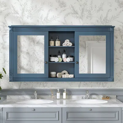Eruule 55 Inch Wall-mount 2-in-1 Mirror Cabinet With Adjustable Shelves, Soft-closing Hinges, High-definiti In Blue