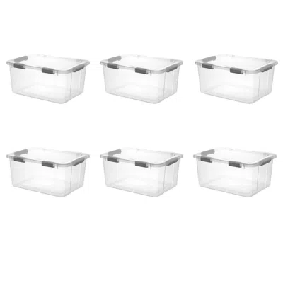 Eruule 60 Quart Hingelid Clear Storage Box With Latch Lid Comfort Grip, Dark Gray, Pack Of 6 In White