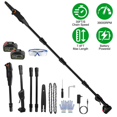 Eruule 6in Cordless Pole Saw 7.4ft Maximum Extendable Length 35ft/s Speed Electric Pole Chainsaw 2pcs 1.5ah