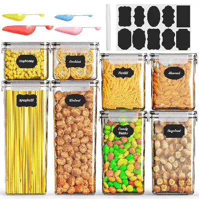 Eruule 8 Pcs Plastic Kitchen And Pantry Organization Canisters For Cereal, Dry Food, Flour And Sugar, Bpa F