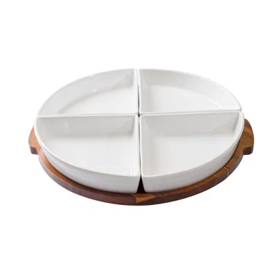 Eruule Acacia And Stoneware 5pc Lazy Susan Set, 15.35inw X 14.17ind X 2.8inh In White