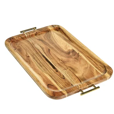 Eruule Acacia Wood Rectangle Tray With Gold Color Handles, One Size In Brown