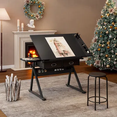 Eruule Adjustable Drawing Drafting Table Desk With 2 Drawers For Home Office And School With Stool(black)