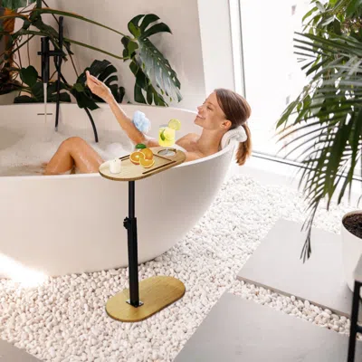 Eruule Bath Tub Tray Table, Liftable Freestanding Bamboo Bath Tray Caddy For Tub Against Wall, Bath Table T In Multi