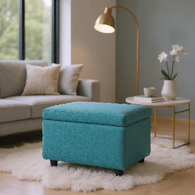 Eruule Blue Linen-textured Storage Ottoman With Rubber Feet - 63×43×43cm Bench For Entryway, Bedroom Or Liv