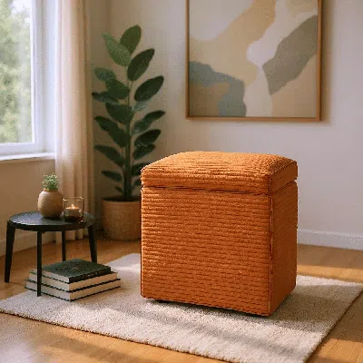 Eruule Brown Linen-textured Storage Ottoman With Black Rubber Feet - Compact Square Seat With Hidden Storag