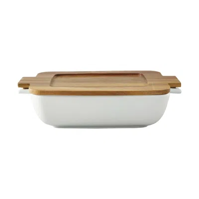 Eruule Ceramic Oven To Table Serveware Dish With Acacia Lid, 13.39 X 9.06 X 3.39 In In White