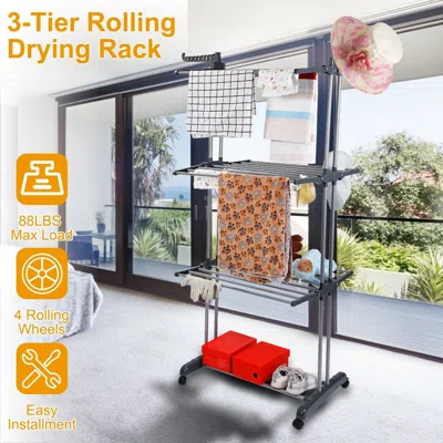 Eruule Clothes Drying Rack Rolling Collapsible Laundry Dryer Hanger Stand Rail Shelve Wardrobe Clothing Dry In Gray