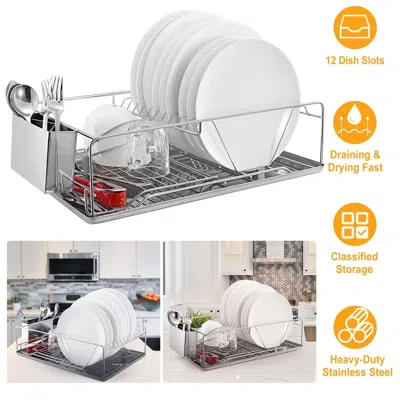 Eruule Dish Drying Rack Stainless Steel Dish Rack W/ Drainboard Cutlery Holder Kitchen Dish Organizer In Silver