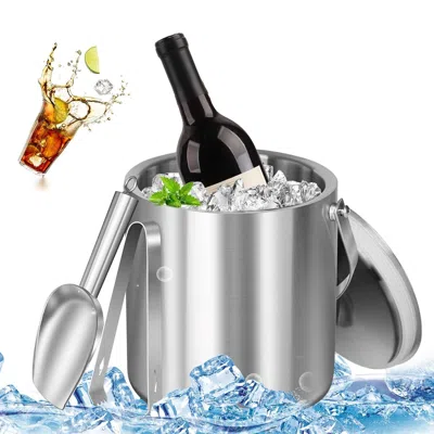 Eruule Double-wall Stainless Steel Insulated Ice Bucket 3l Ice Holder Ice Container With Lid Scoop Strainer In Silver