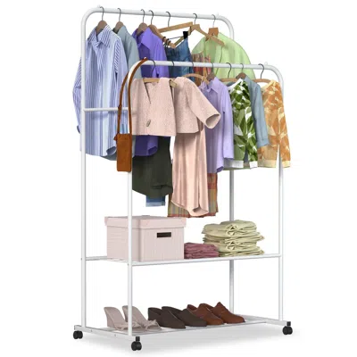 Eruule Garment Hanging Rack Clothing Hanging Rail Pillow Shoe Display Organizer Stand Rolling Wheel Clothes In White
