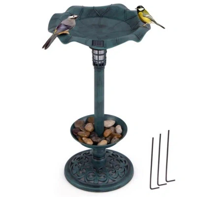 Eruule Green Standing Pedestal Birdbath And Feeder Combo With Solar Powered Lamp
