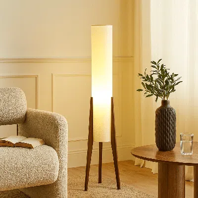 Eruule Modern Cylinder Floor Lamp With Wooden Tripod Legs, Fabric Lamp Shade In White