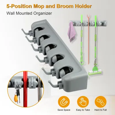 Eruule Mop Holder Wall Mount Mop Broom Holder Mop Hanger Organizer Storage Rack W/ 5-position In Gray