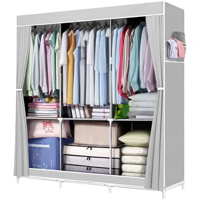 Eruule Portable Closet Storage Organizer Clothes Wardrobe Shoe Clothing Rack Shelf Dustproof Non-woven Fabr In Gray